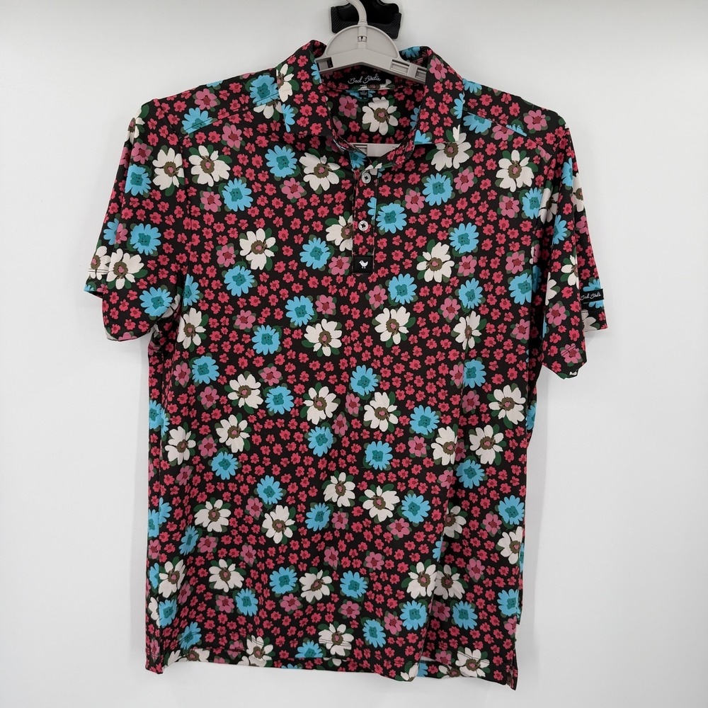 Bad Birdie Mens Floral Golf Polo Shirt Black Pink Blue Short Sleeve Size M